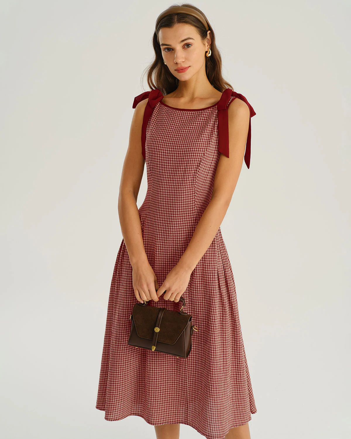 Red Plaid Tie Strap A-Line Midi Dress