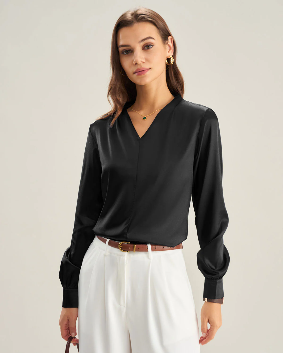 Black Satin V Neck Shirt