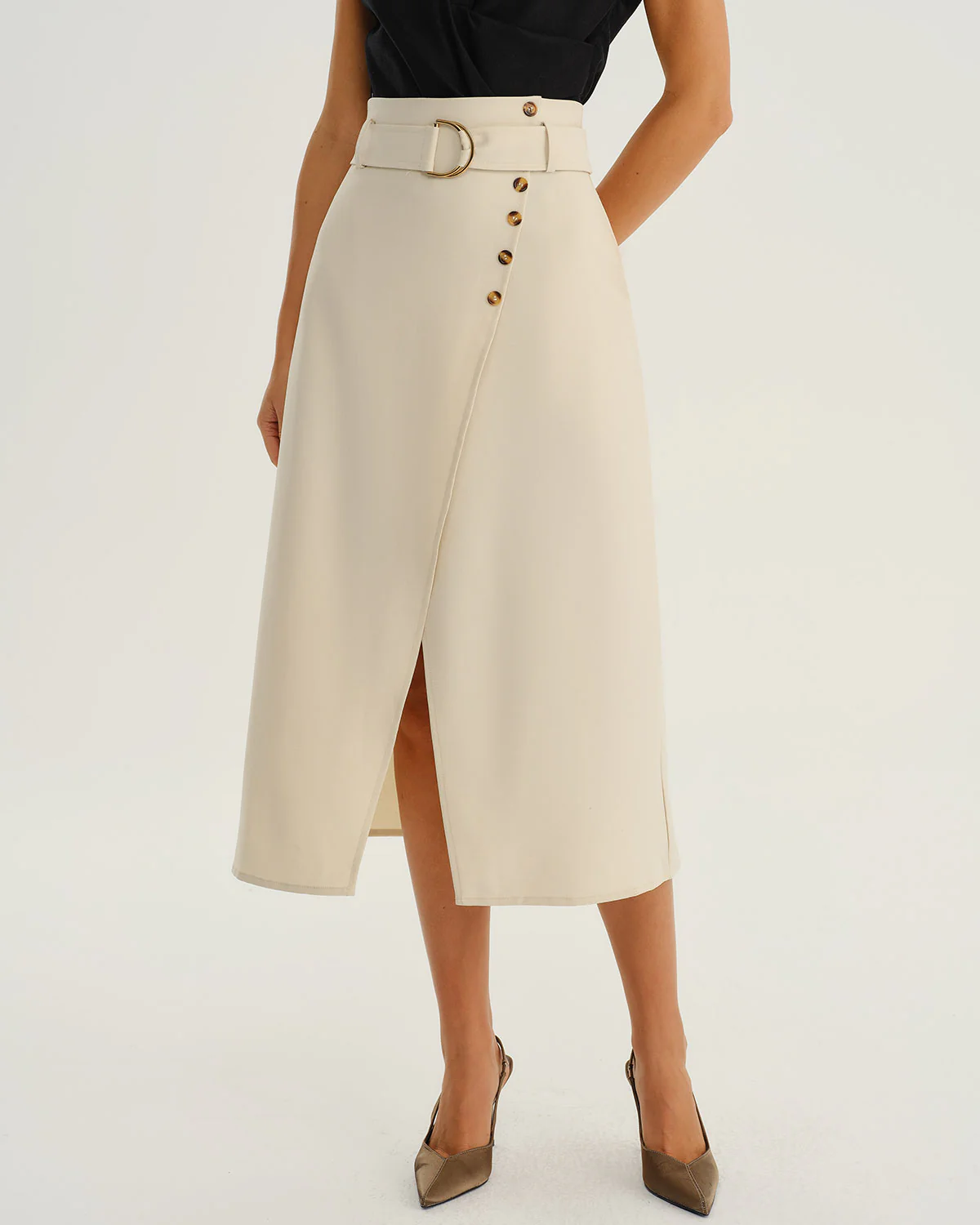 Beige Wrap Belted Midi Skirt