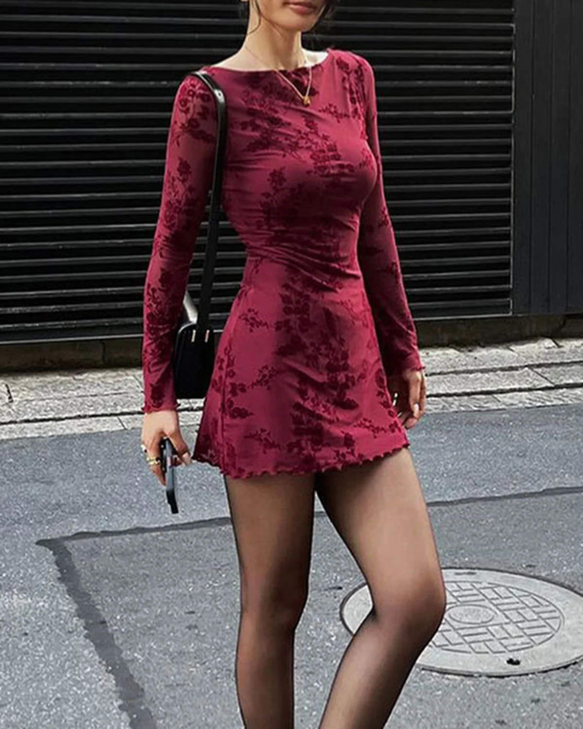 Red Floral Round Neck Mini Dress