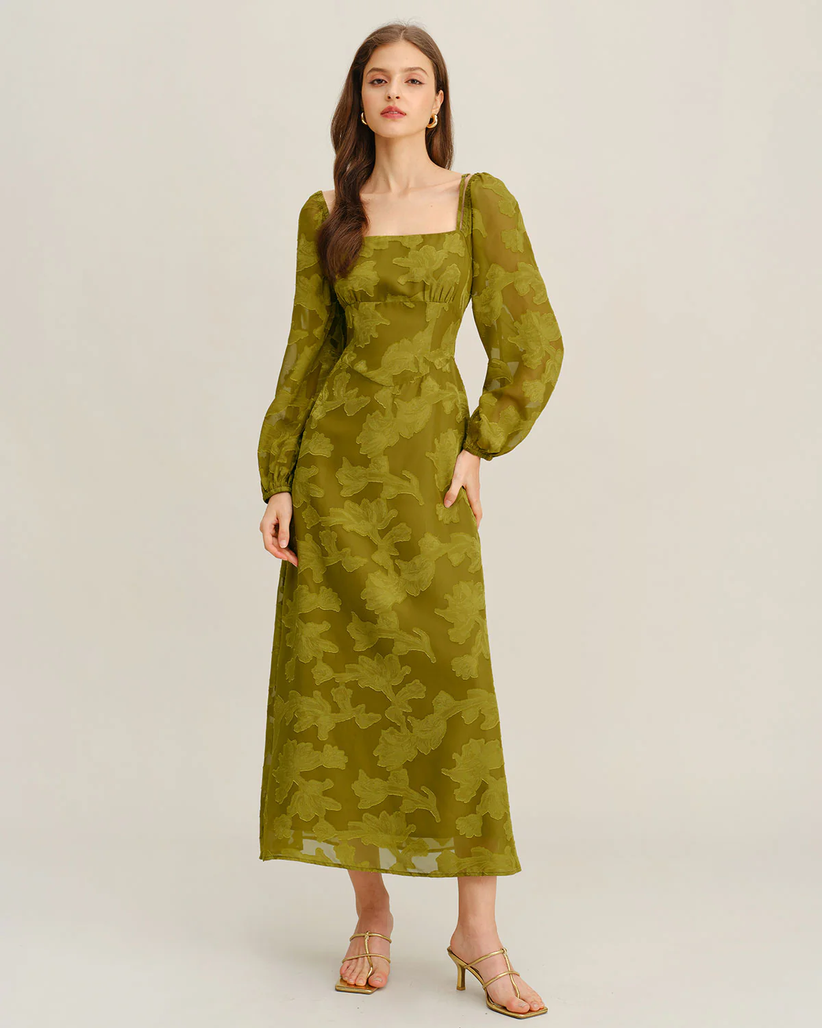 Green Floral Square Neck A-Line Maxi Dress