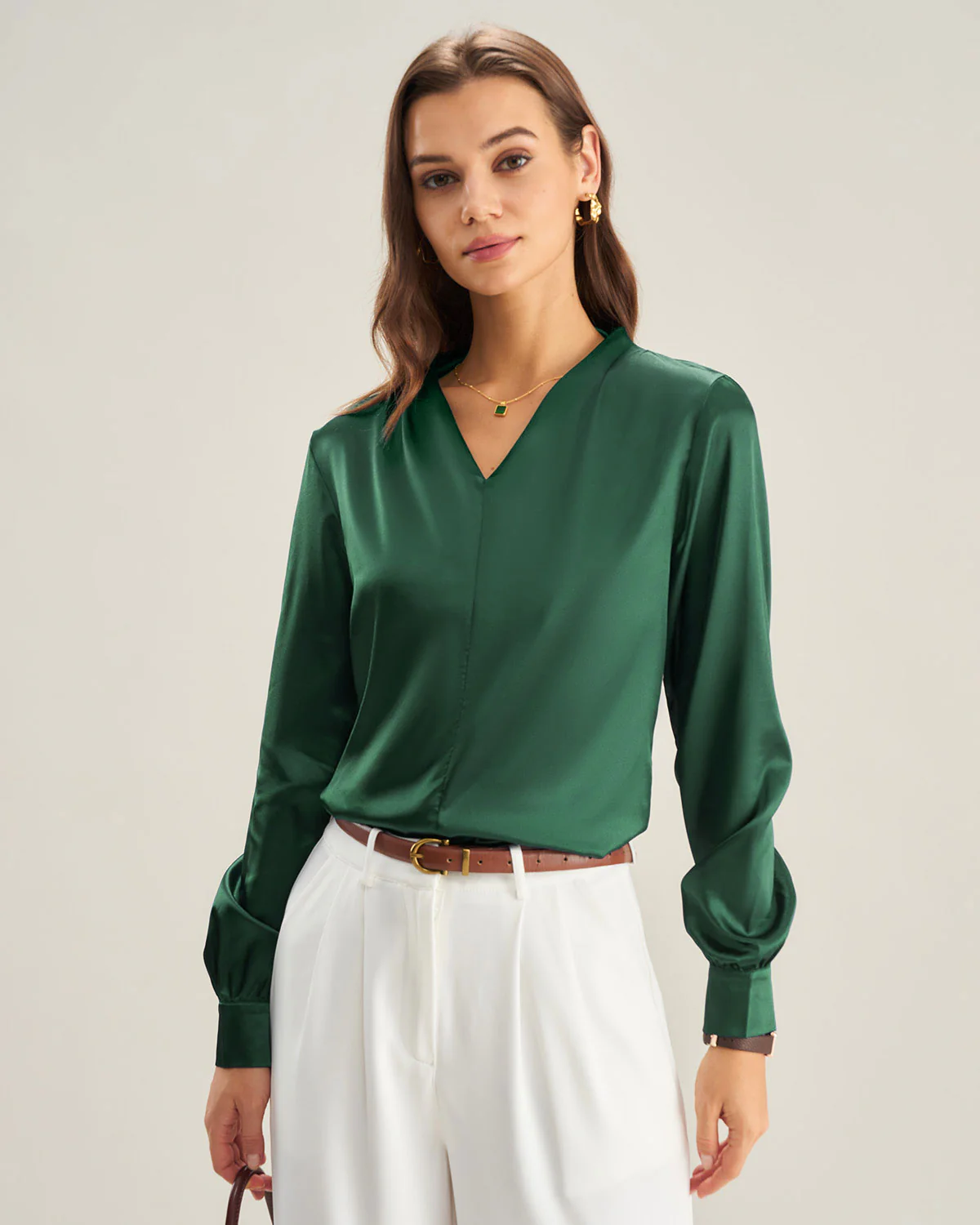 Green Satin V Neck Shirt