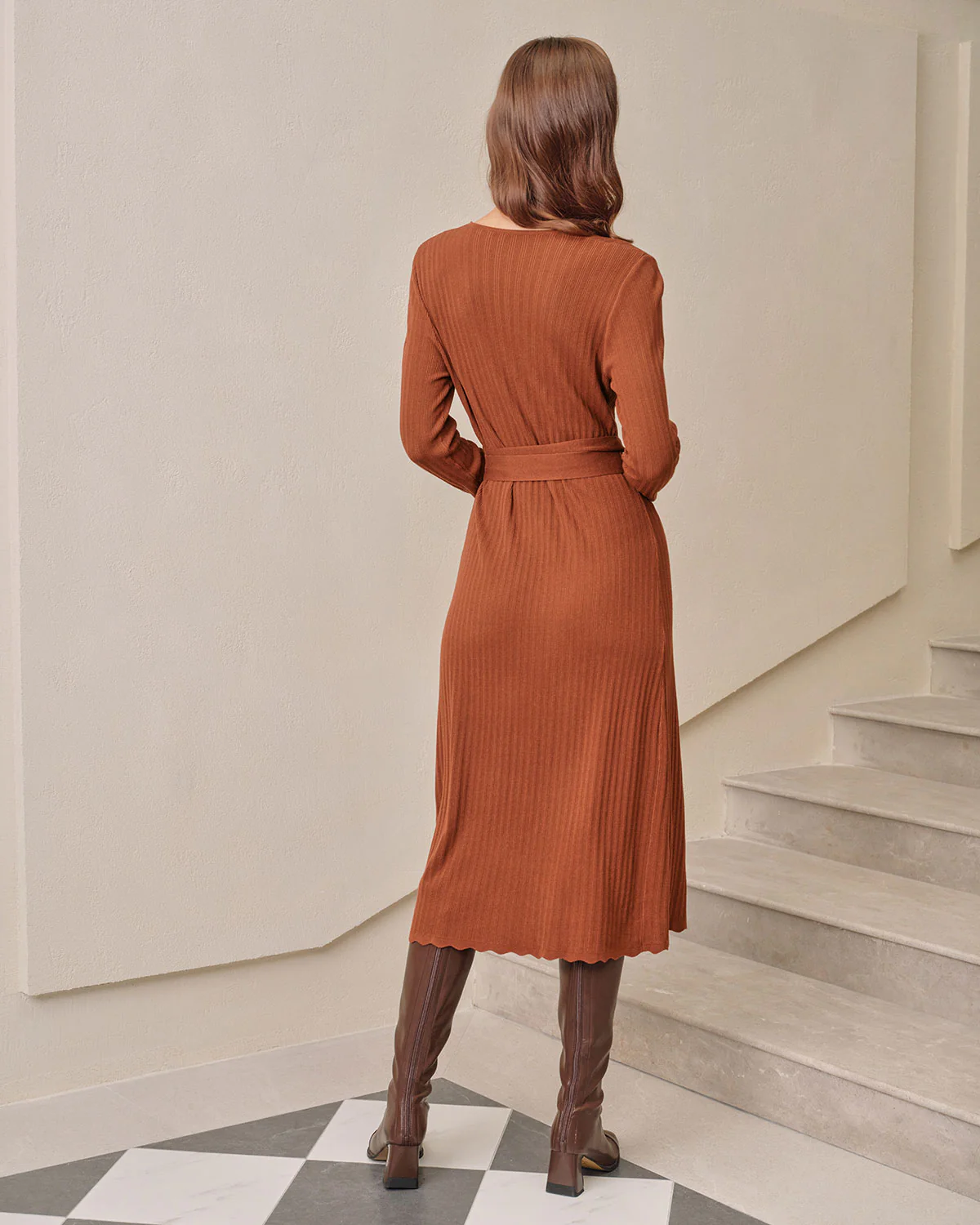 Caramel Knit Wrap Midi Dress