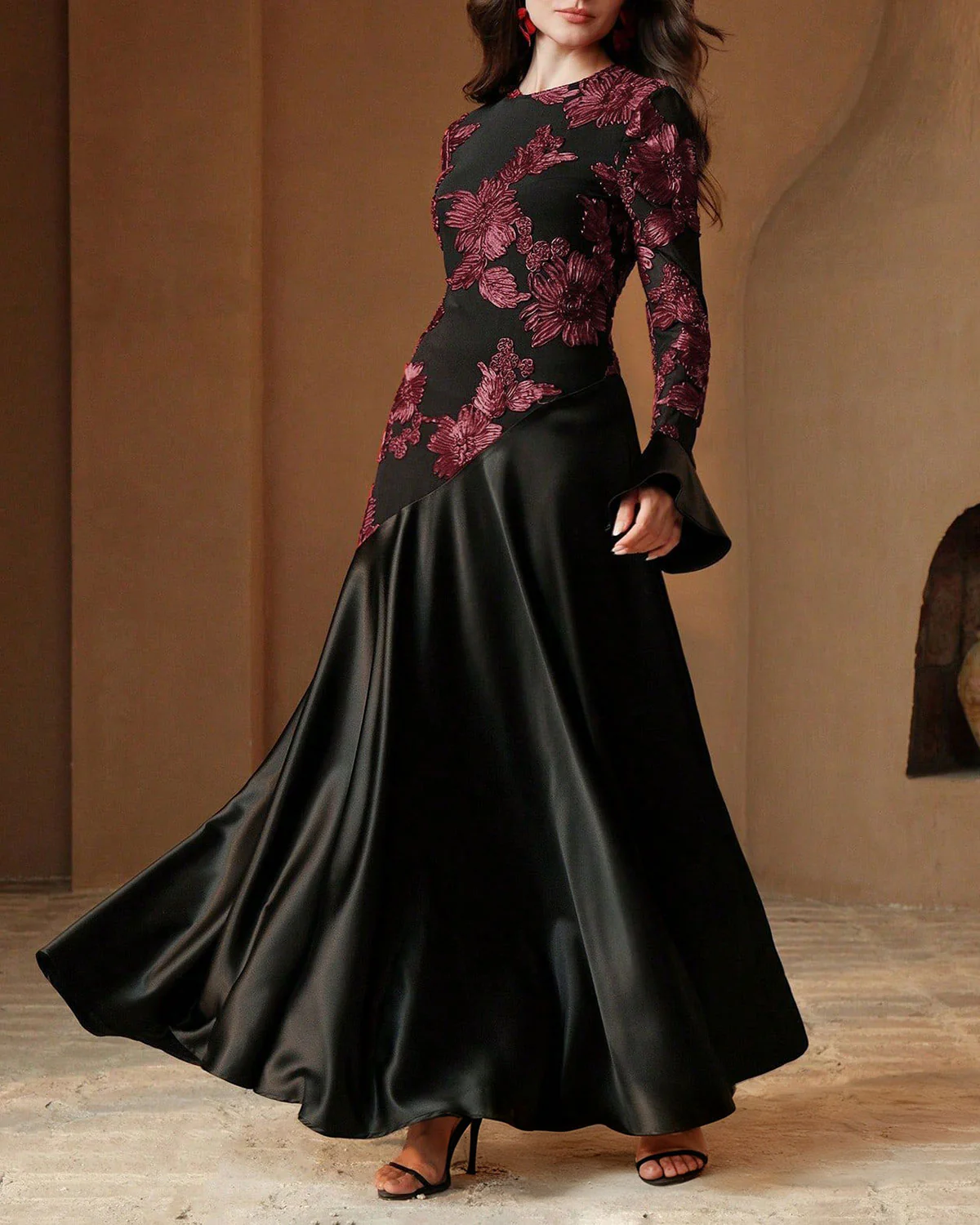 Black Floral Bell Sleeve Maxi Dress