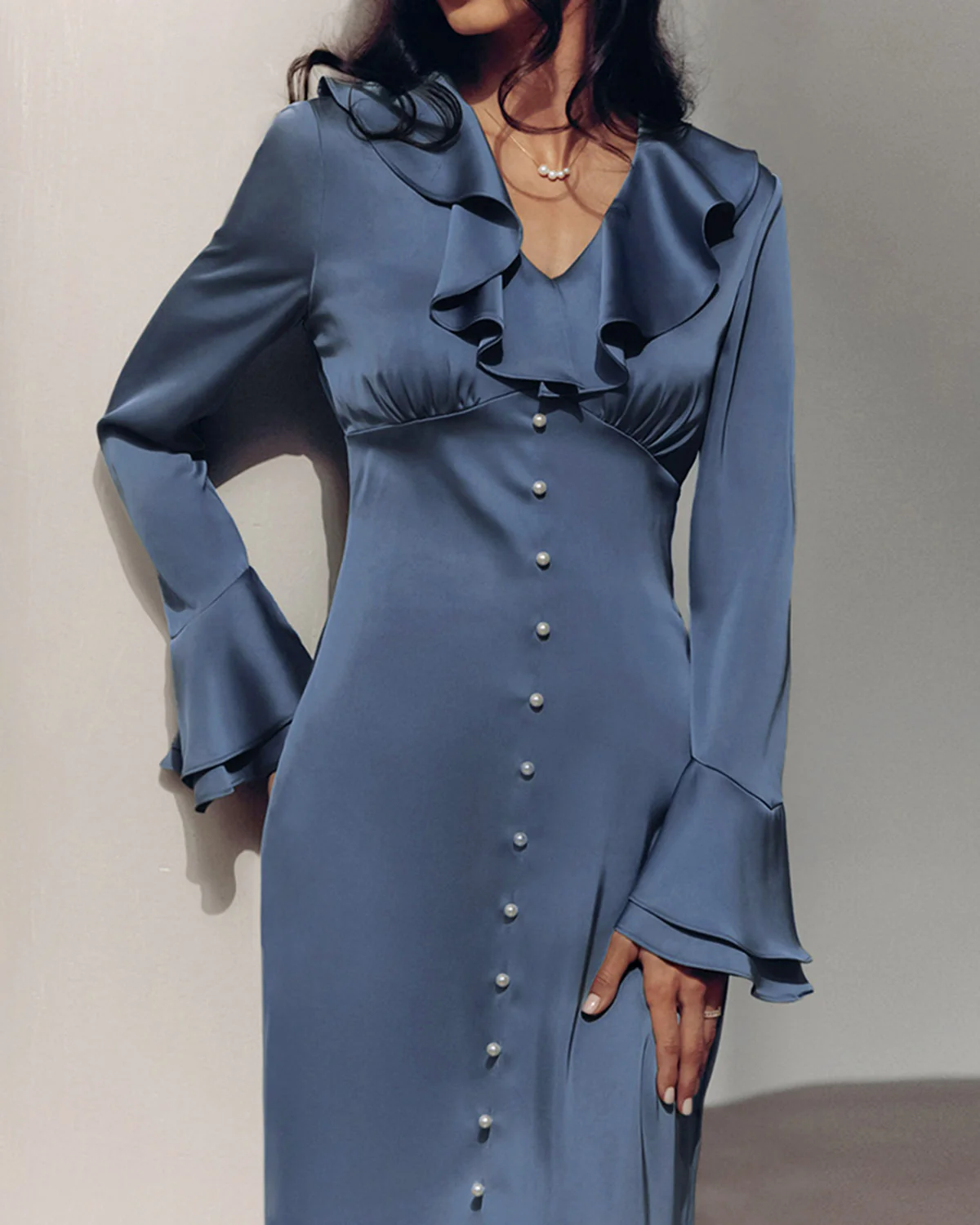 Blue V Neck Ruffle Satin Maxi Dress