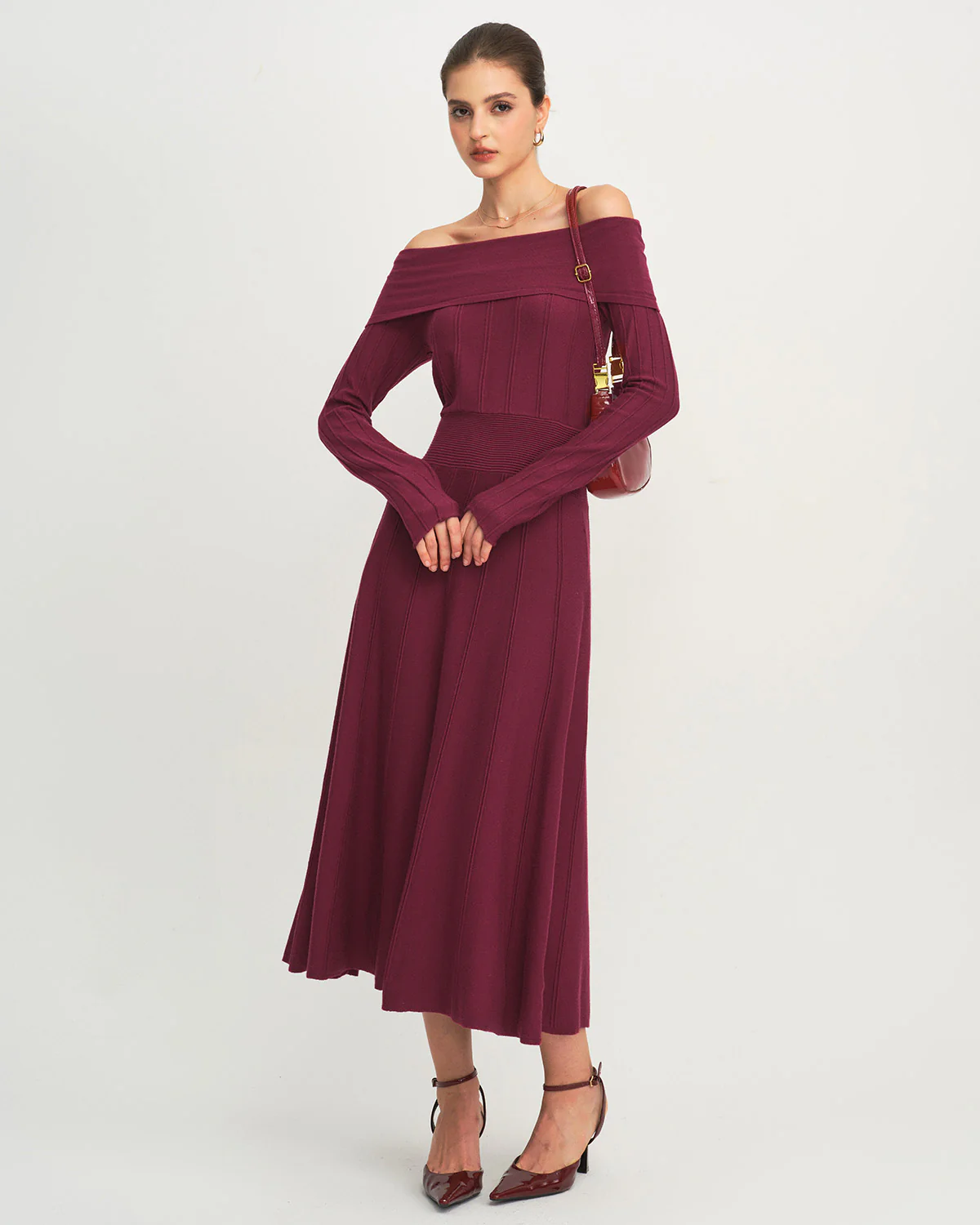 Wine Red Off The Shoulder Sweater Dress