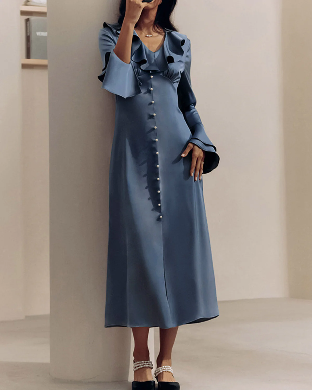 Blue V Neck Ruffle Satin Maxi Dress