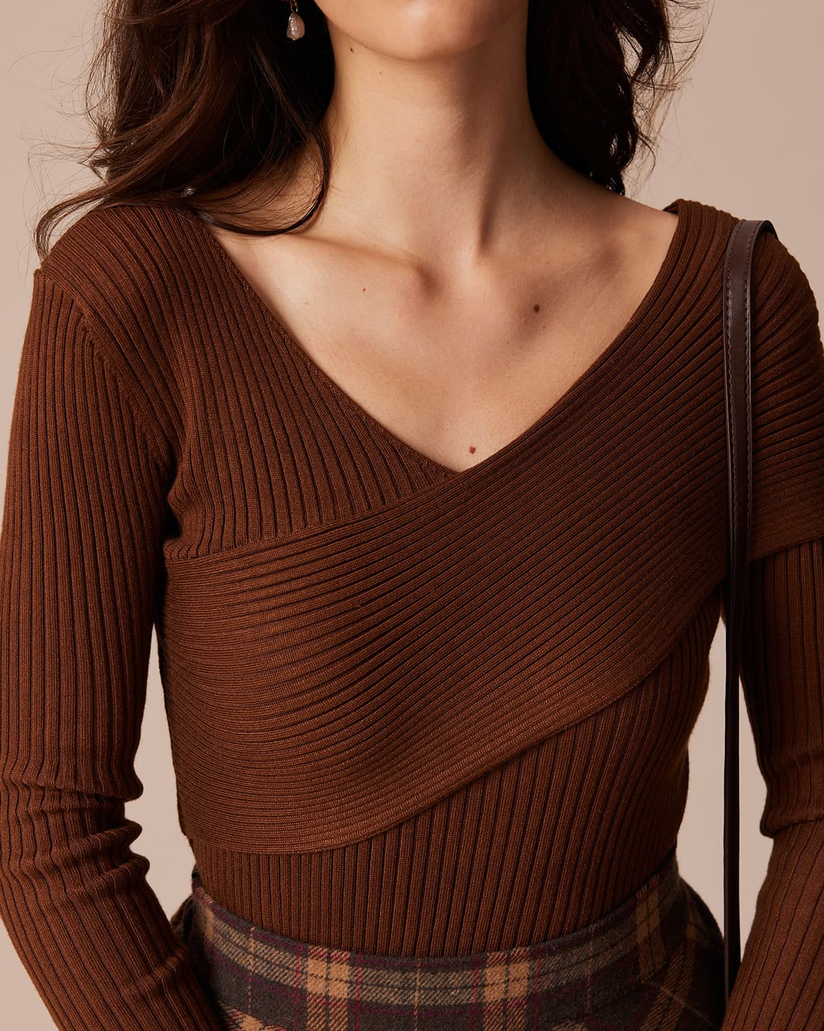Coffee Ribbed Knit Slim Tee