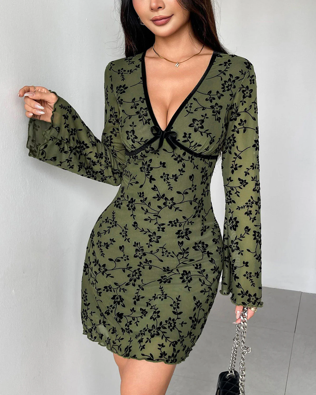Green Floral V Neck Mini Dress