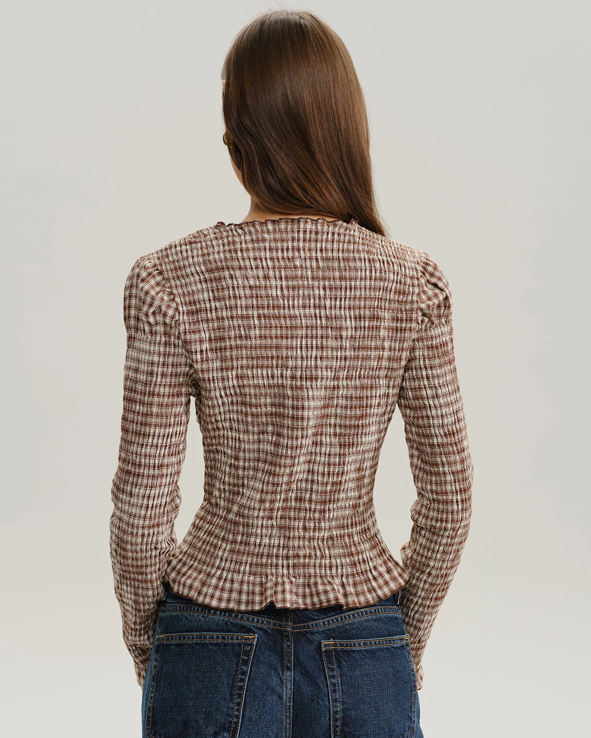 Brown Plaid Shirred Poet Sleeve Blouse