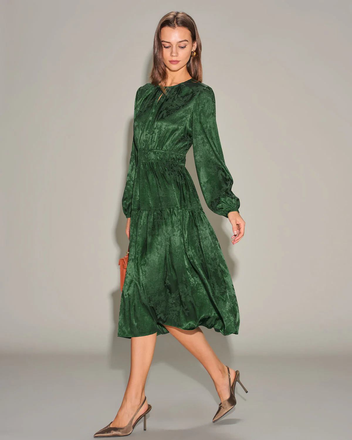 Green Jacquard Lantern Sleeve Midi Dress