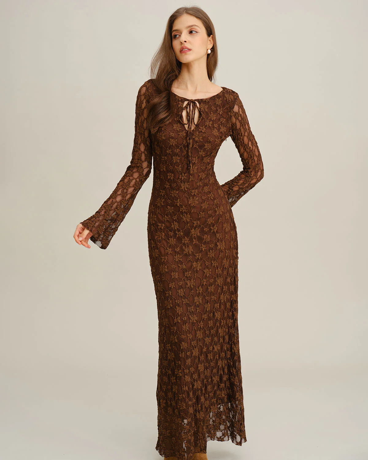 Brown Floral Bell Sleeve Maxi Dress