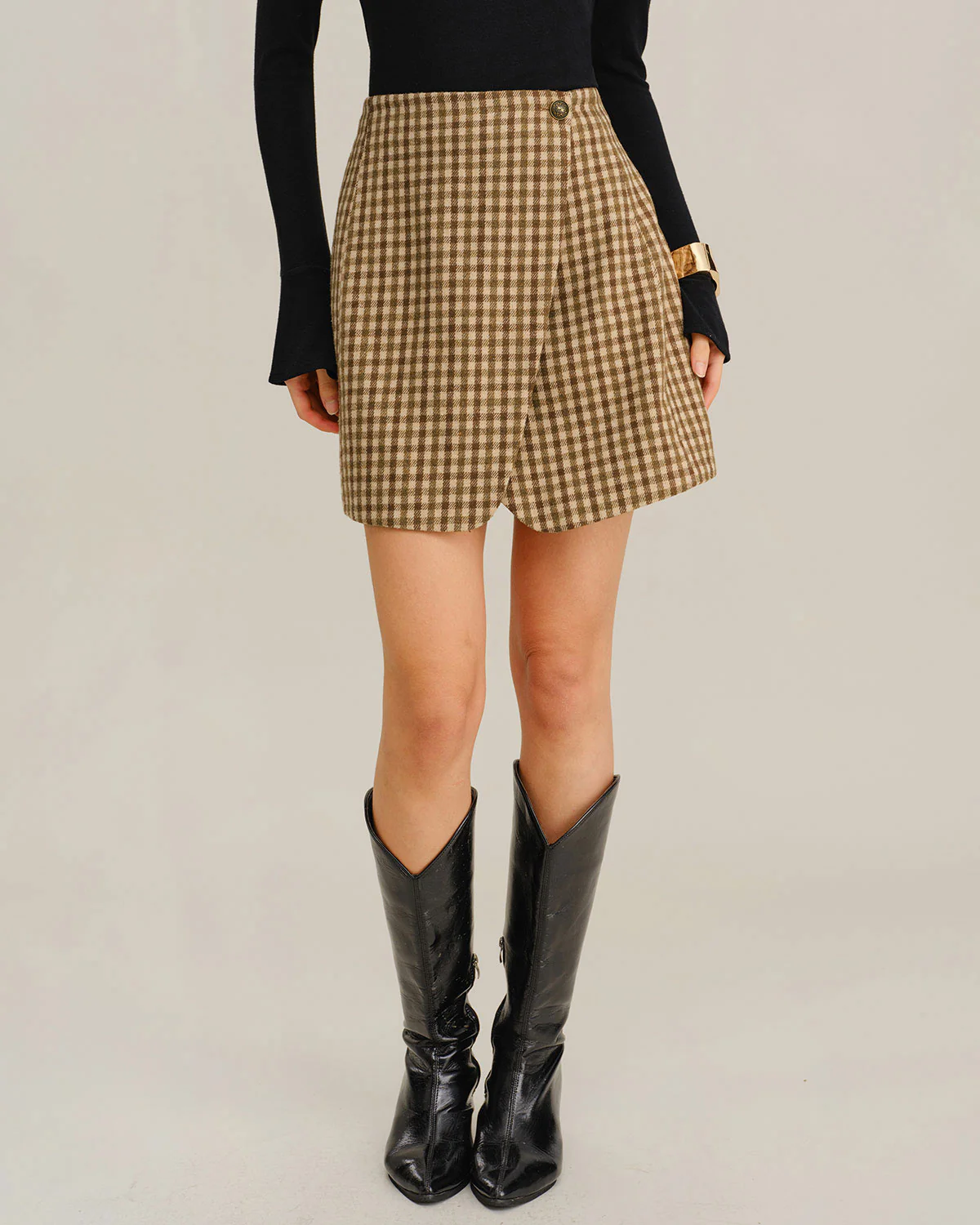 Khaki Plaid Wrap Mini Skirt