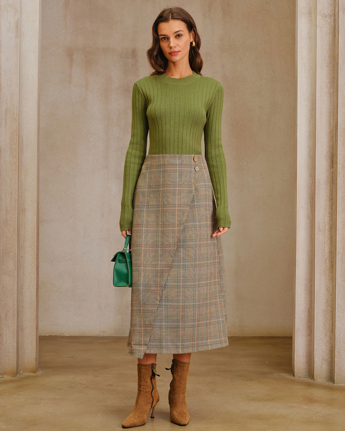 Khaki Plaid Wrap Slit Midi SKirt