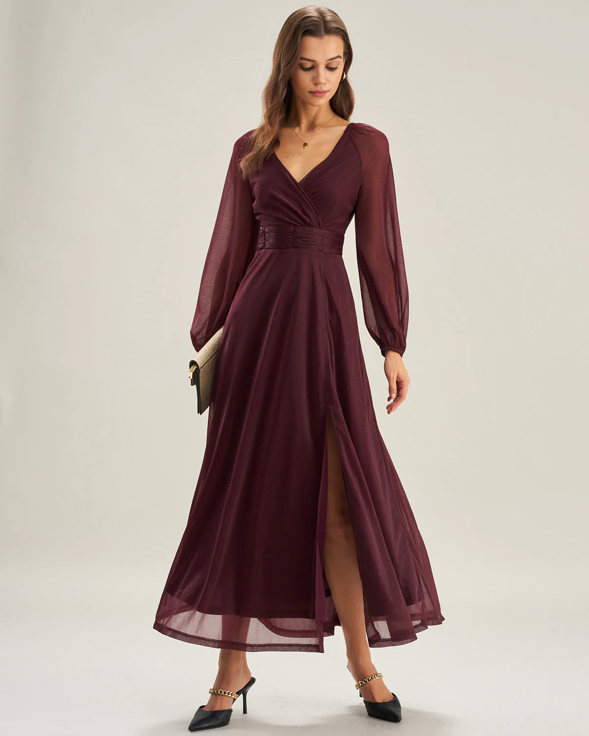 Purple V Neck See Through A-Line Maxi Dresses
