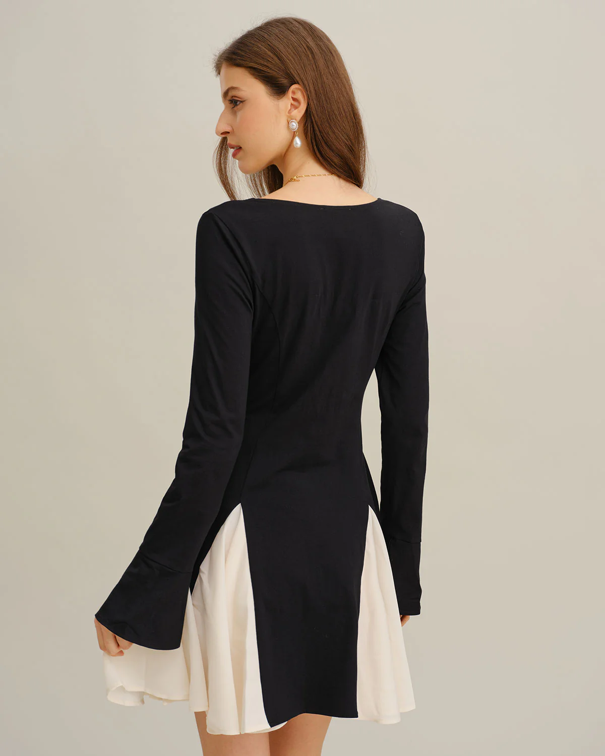 Black Contrasting Bell Sleeve Mini Dress