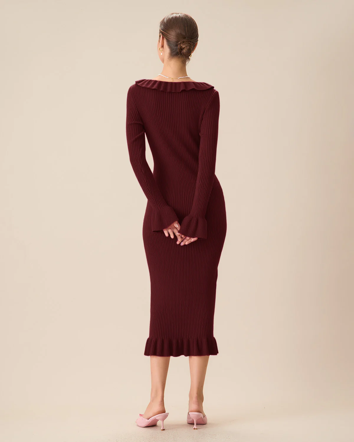 Wine Red Bodycon Bell Sleeve Sweater Dress