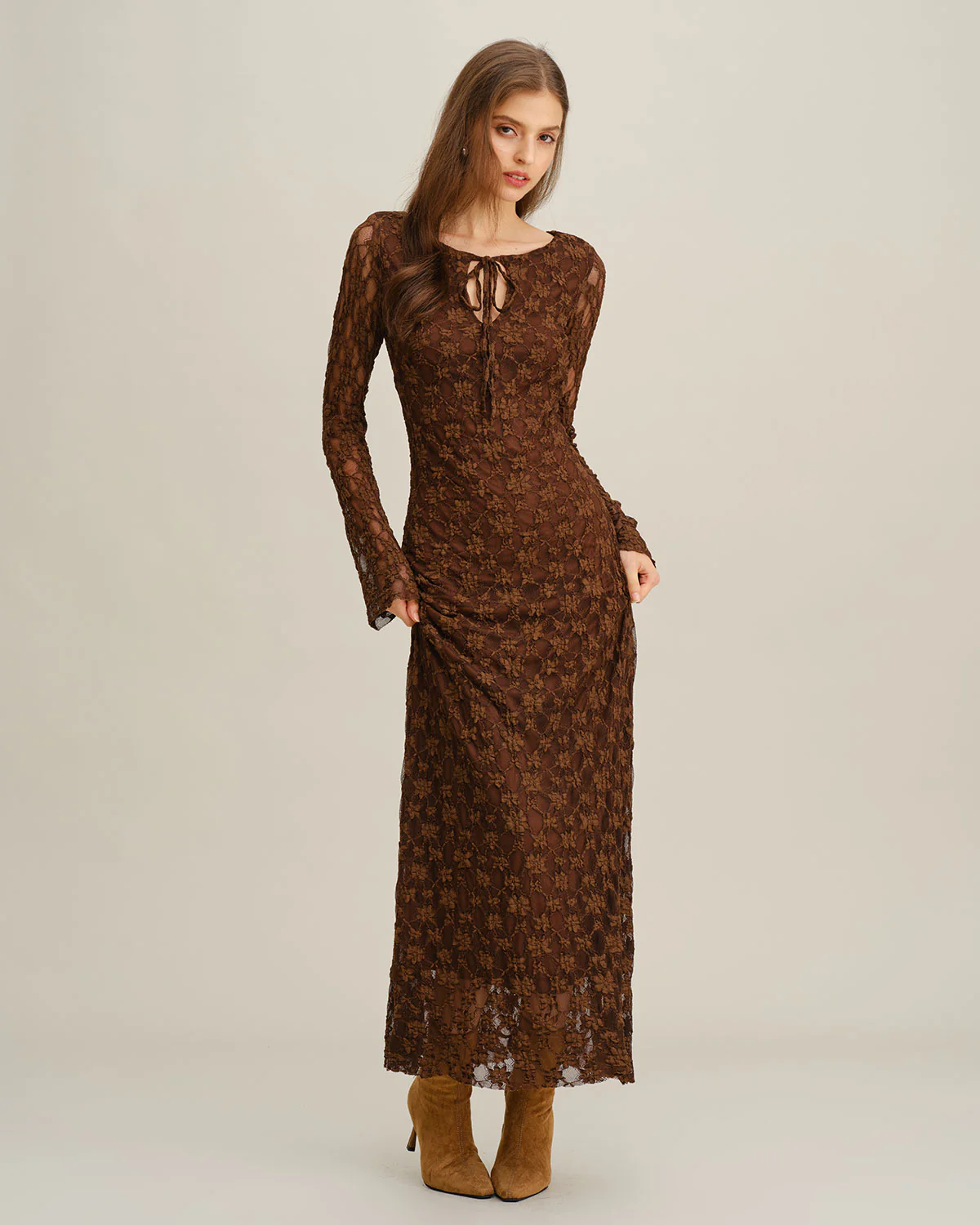 Brown Floral Bell Sleeve Maxi Dress