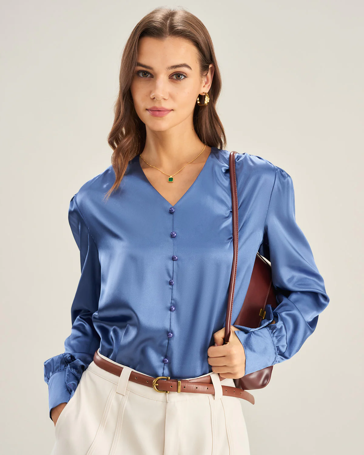 Blue Satin V Neck Loose Shirt