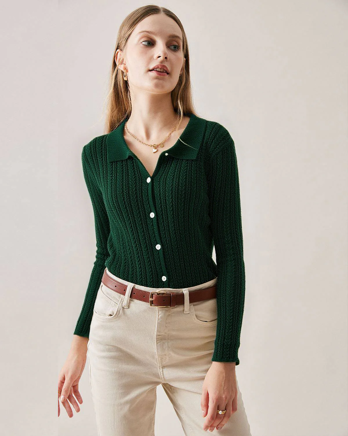Green Ribbed Knit Slim Cardigan