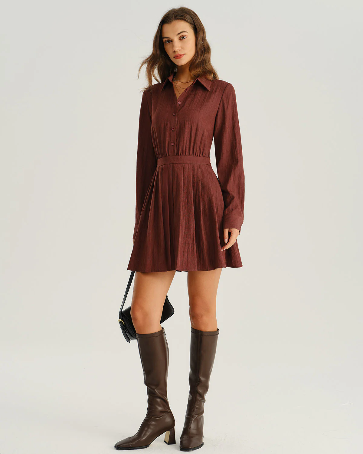 Brick Red A-Line Pleated Mini Dress