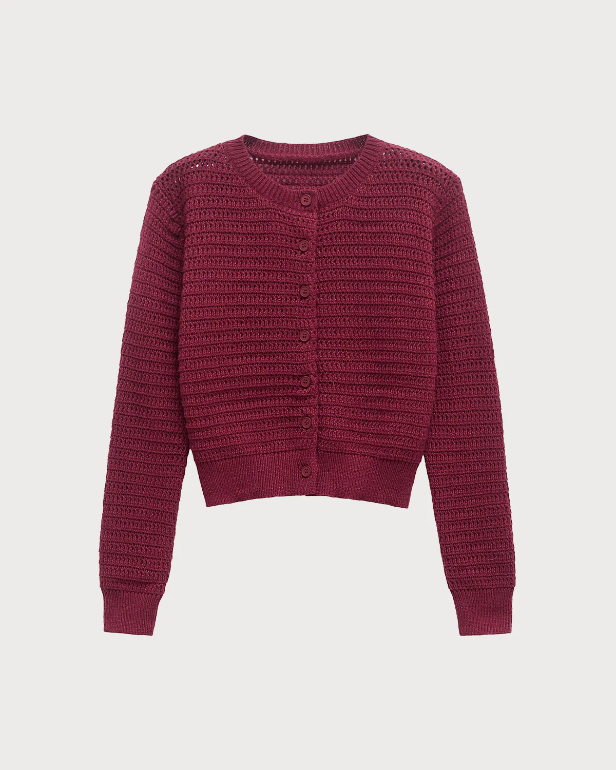 Wine Red Single Breasted Round Neck Knit Cardigan