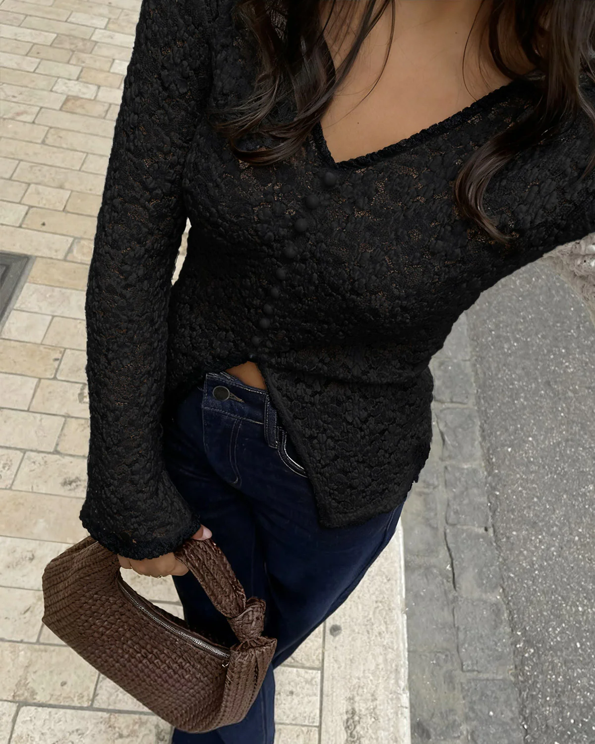 Black See Through V Neck Casual Tee