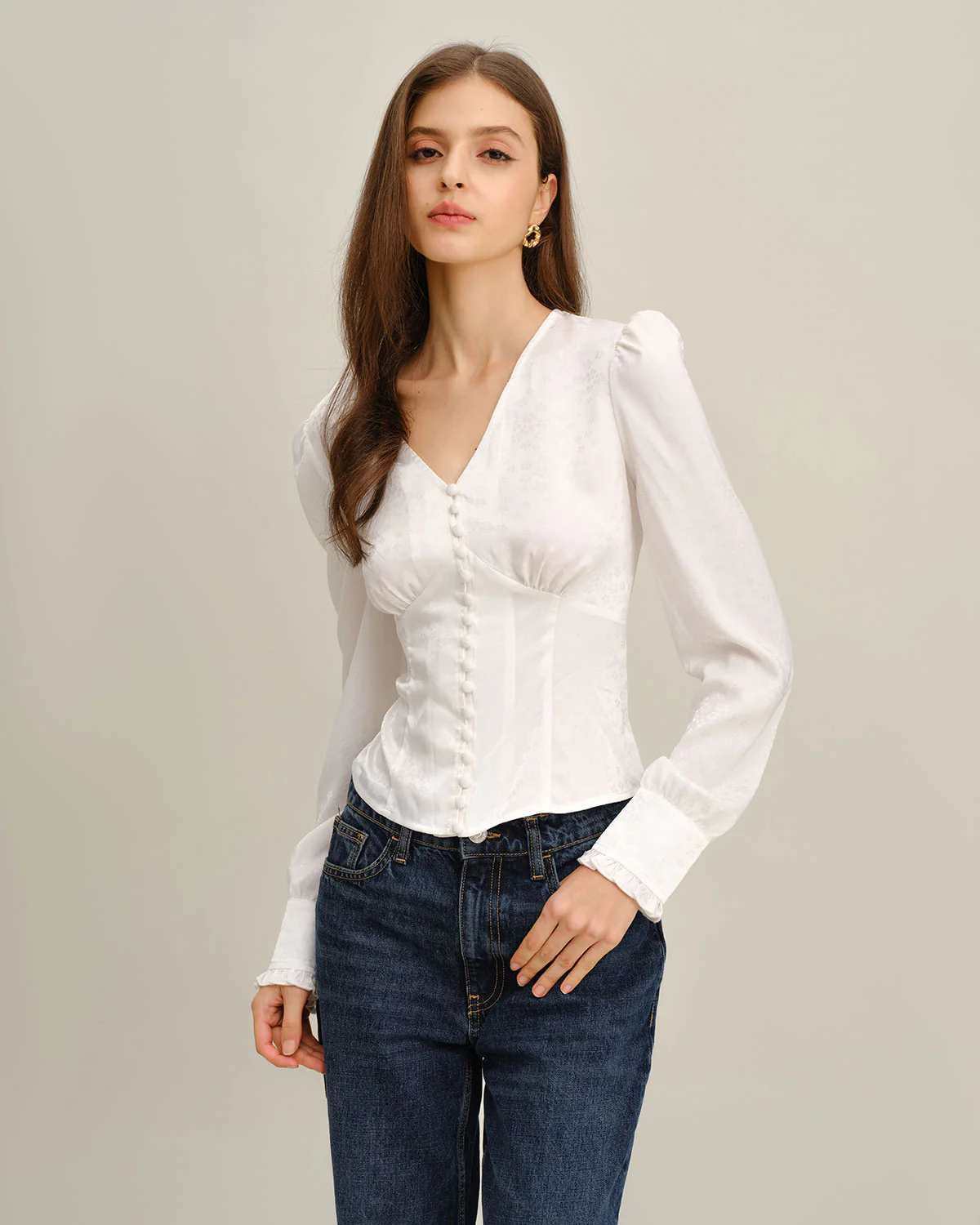 White Ruched V Neck Shirt