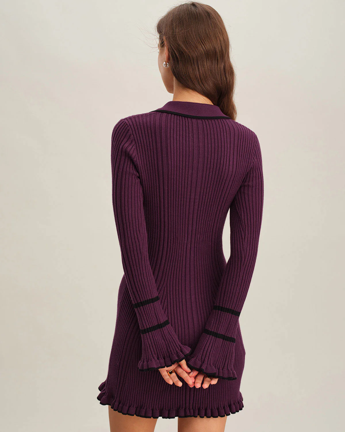 Purple  Contrasting Bell Sleeve Sweater Dress