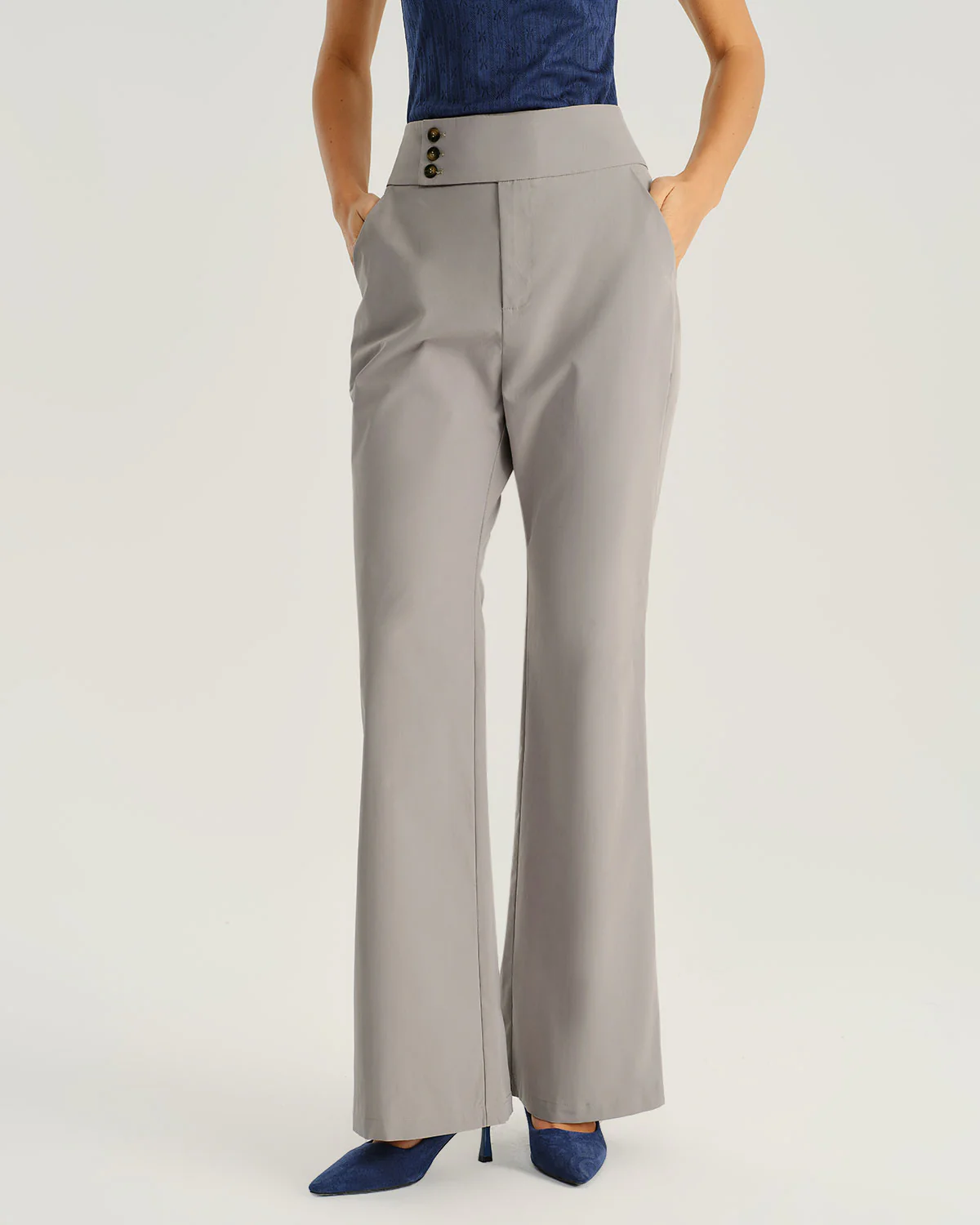 Grey High Waisted Pocket Flared Pants