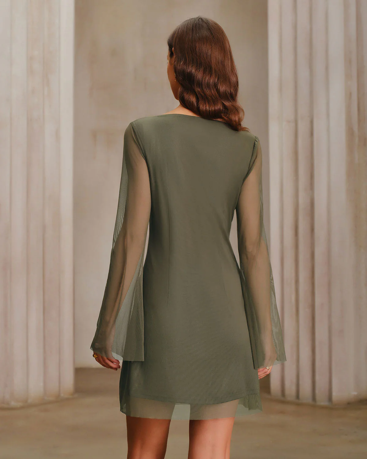 Green Mesh Boat Neck A-Line Mini Dress