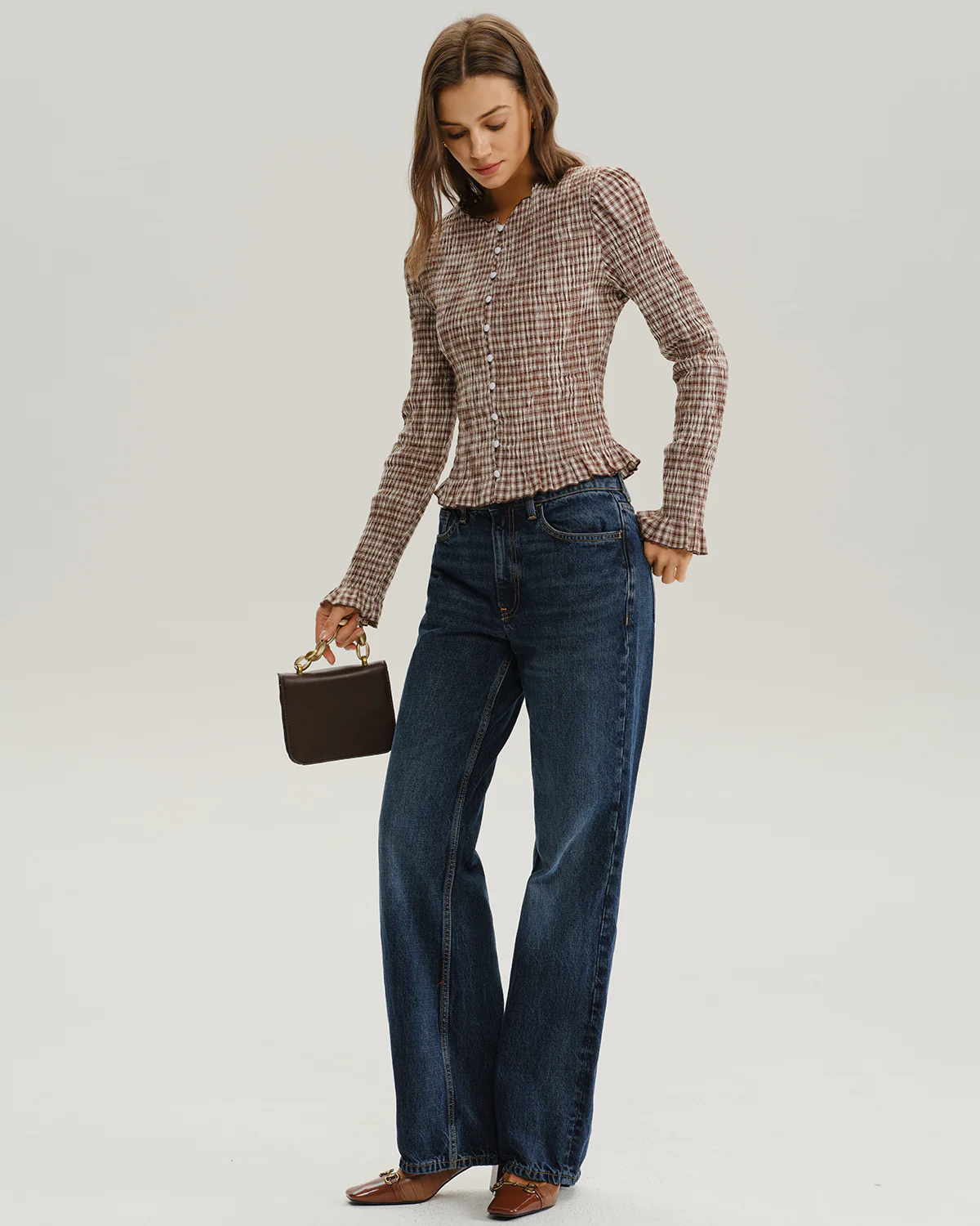 Brown Plaid Shirred Poet Sleeve Blouse