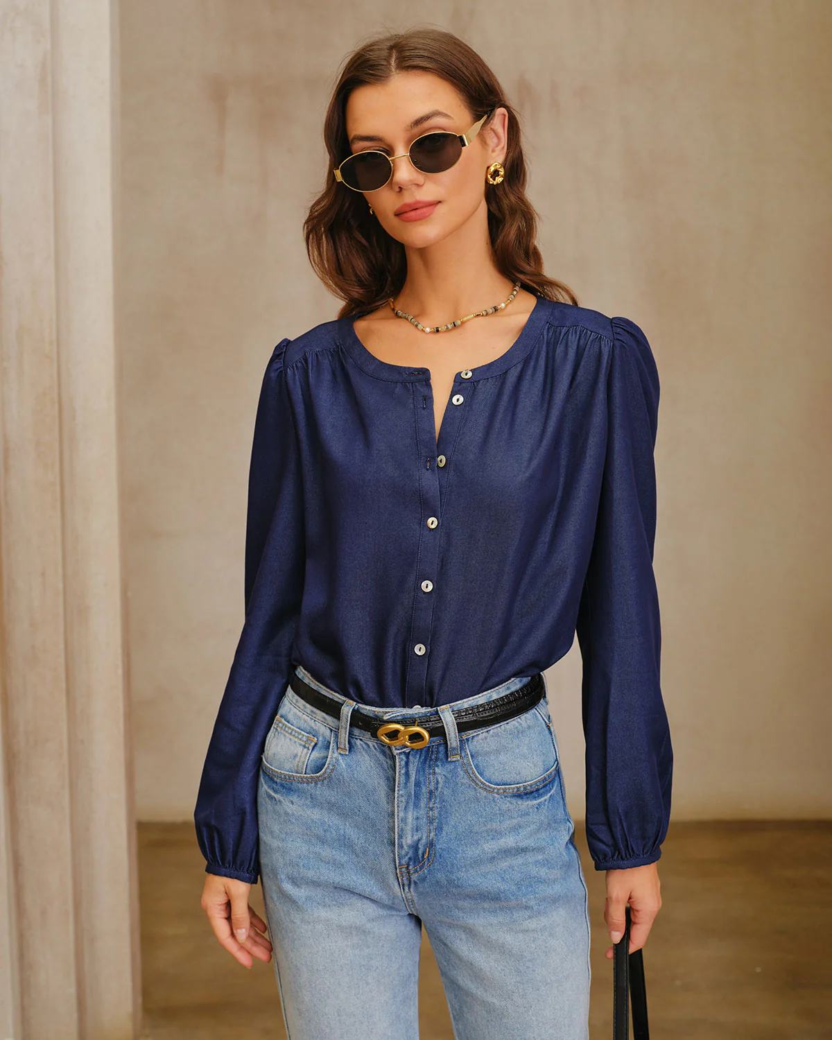Navy Round Neck Puffed Sleeve Blouse