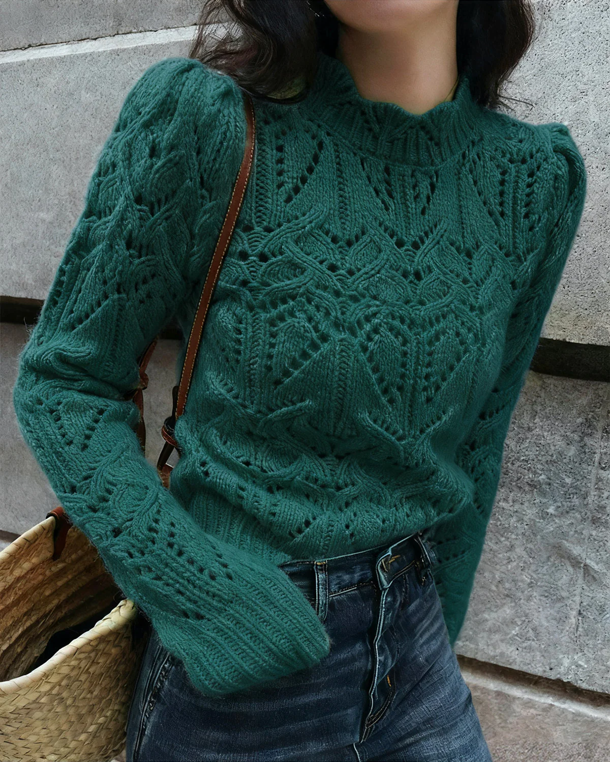 Green Round Neck Cut Out Sweater