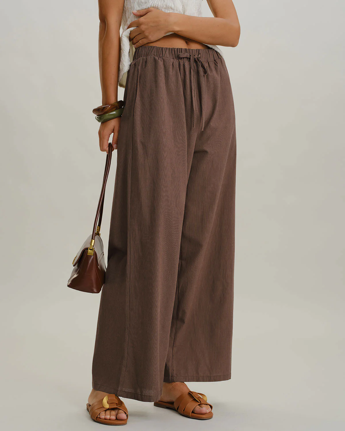 Coffee Elastic Waist Wide Leg Pants