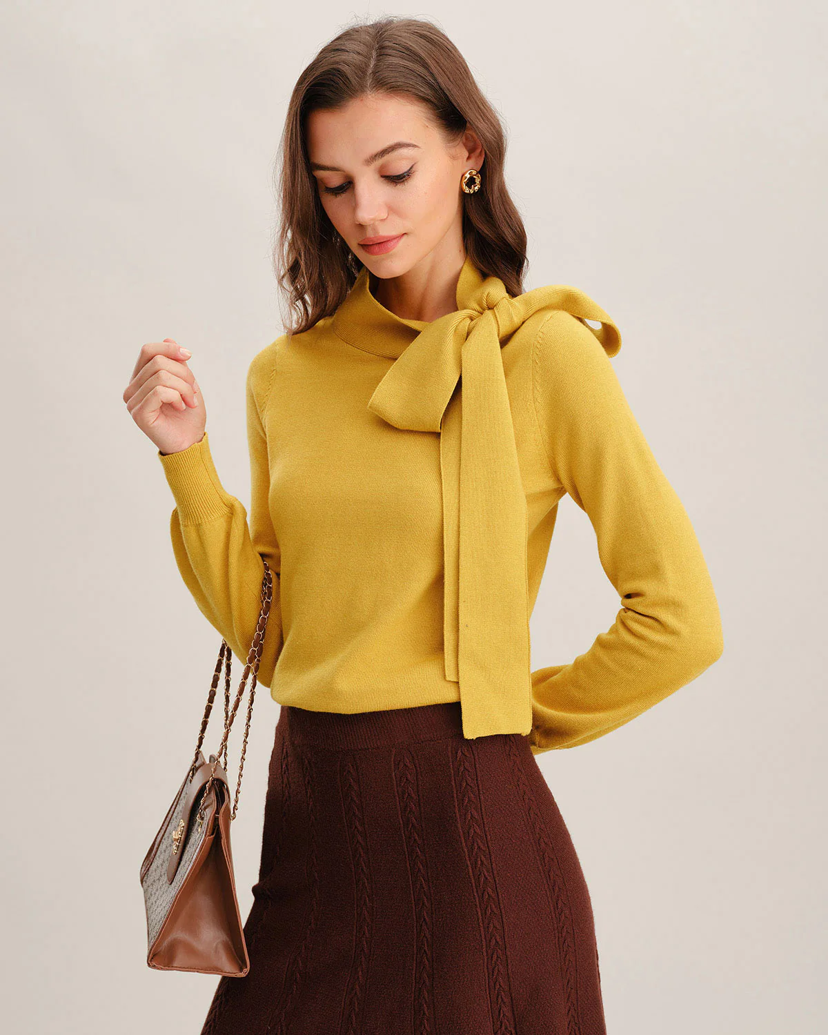 Yellow Tie Neck Slim Sweater