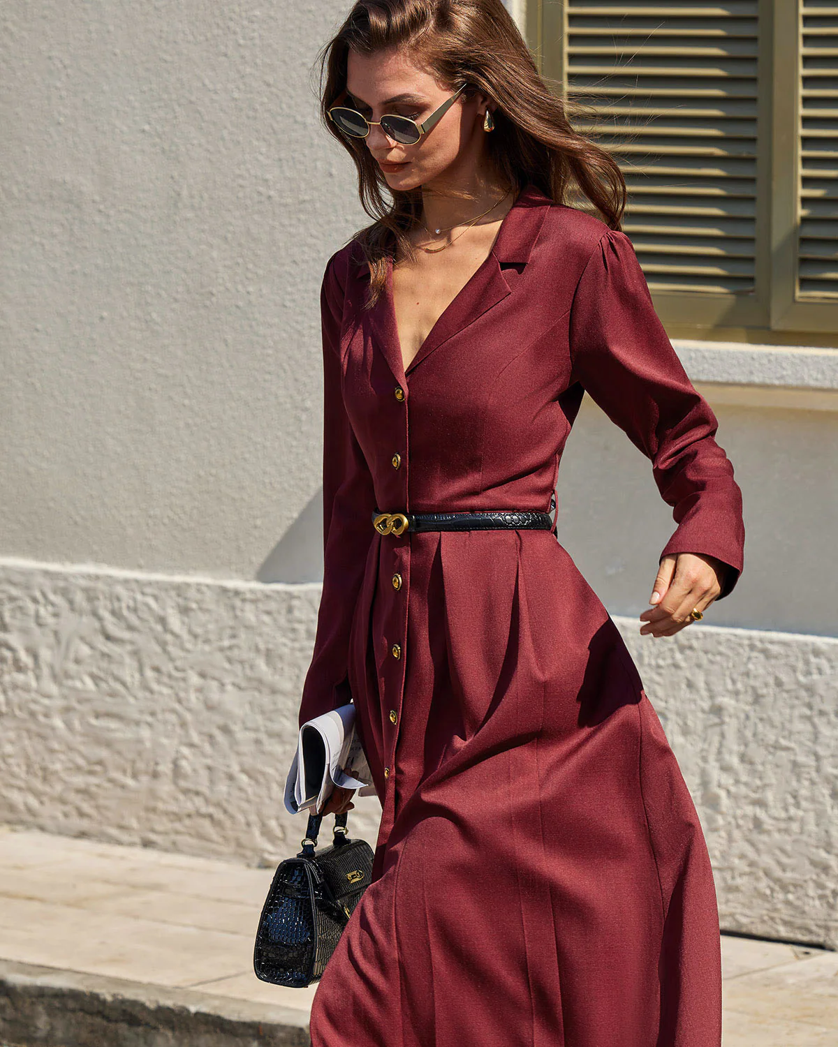 Wine Red Ruched A-Line Midi Dress