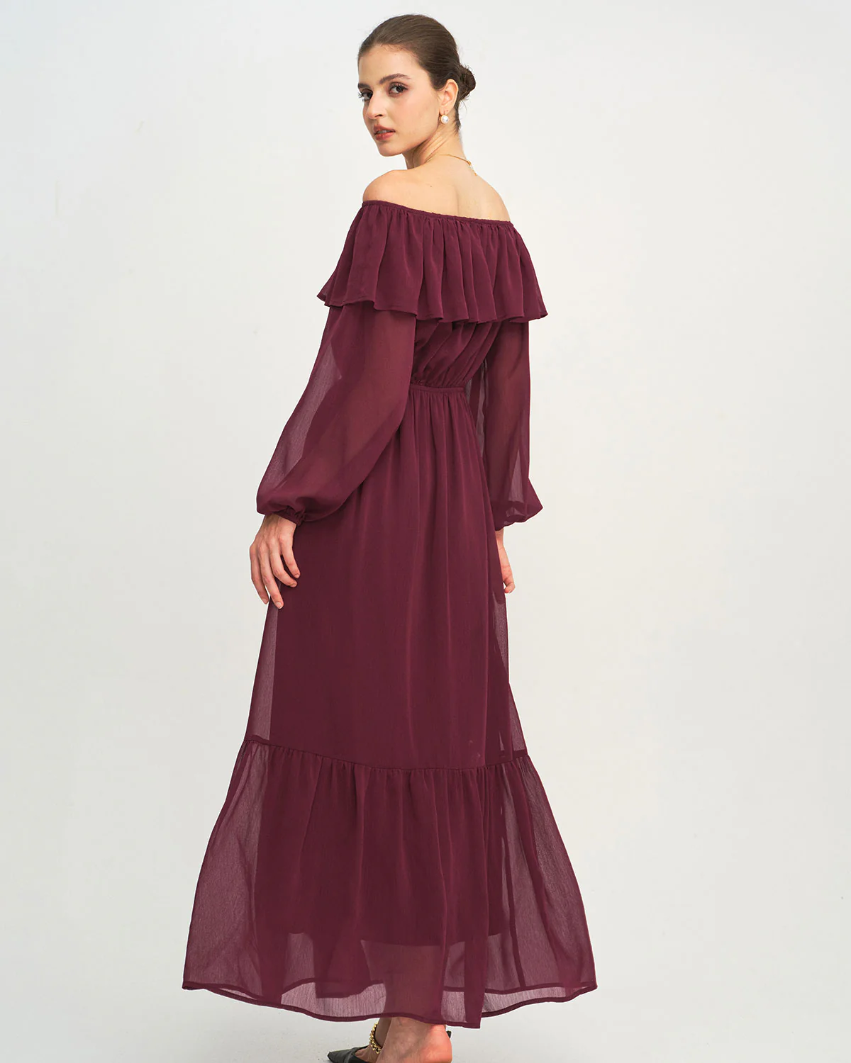 Wine Red Boat Neck Ruffle Maxi Dress