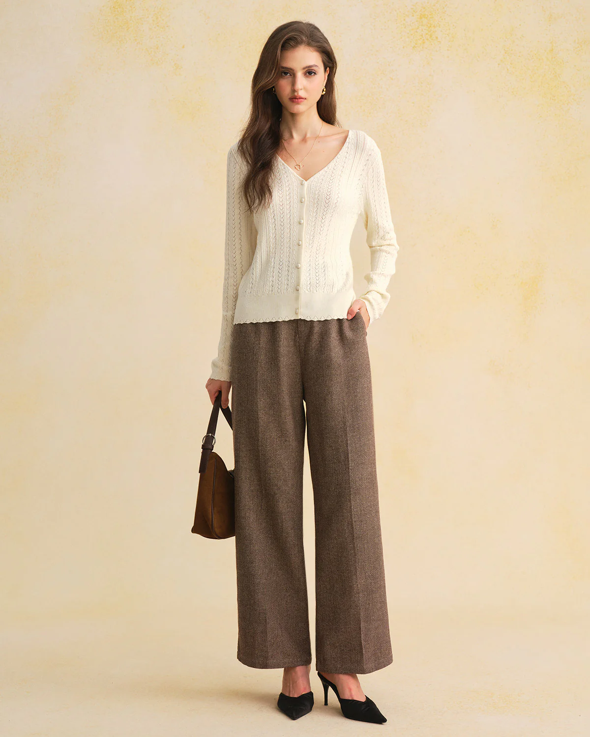 Beige V Neck Slim Knit Cardigan