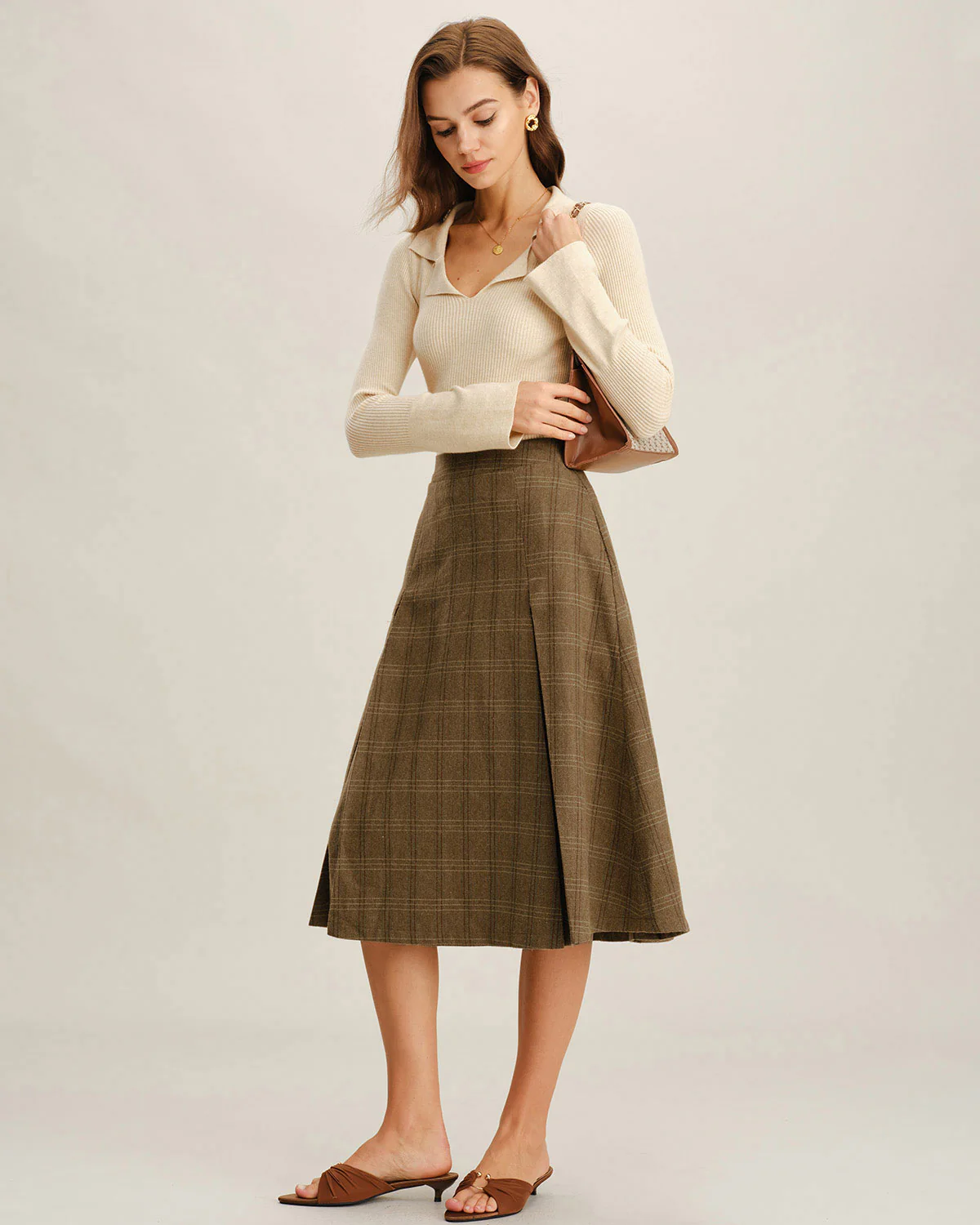 Brown Plaid A-Line Midi Skirt