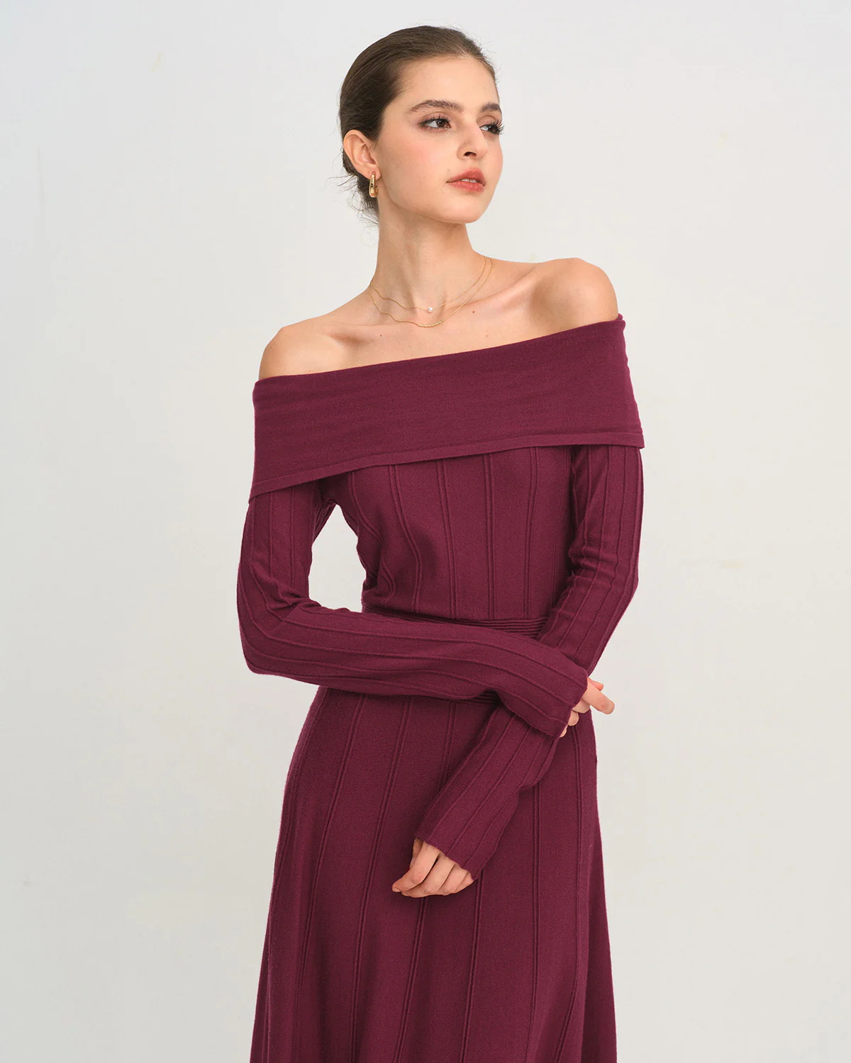 Wine Red Off The Shoulder Sweater Dress