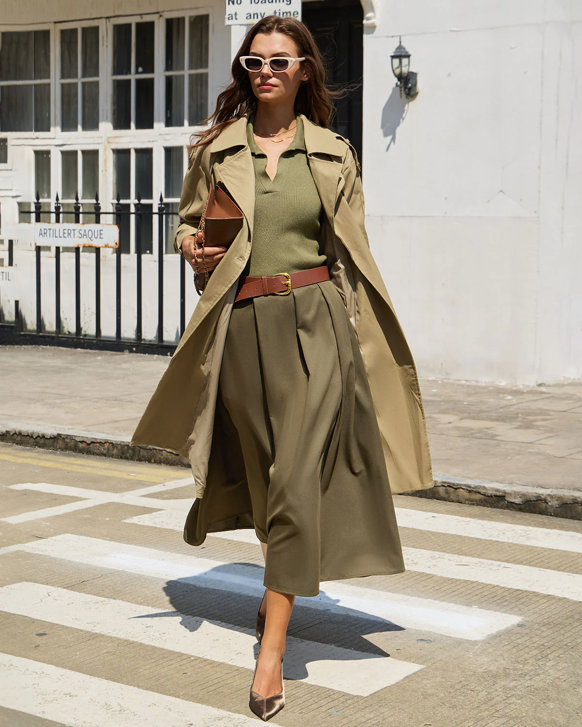 Army Green Pleated A-Line Midi Skirt