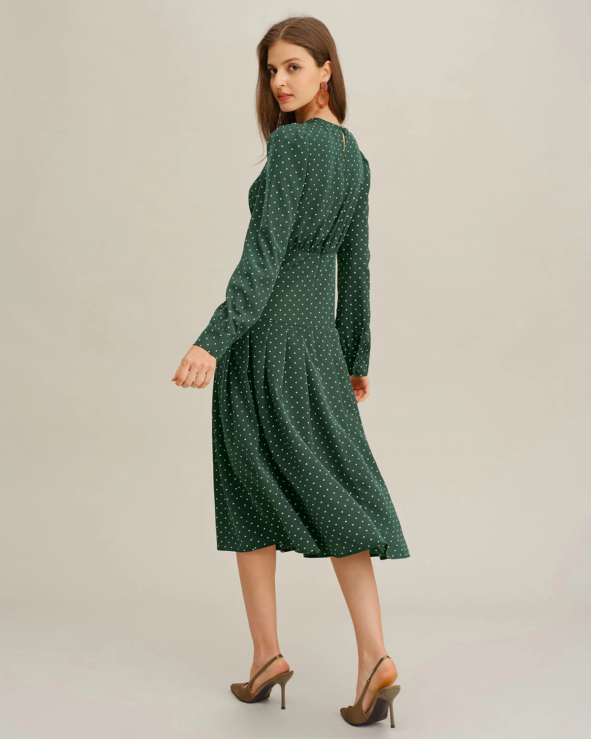 Green Polka Dot A-Line Midi Dress