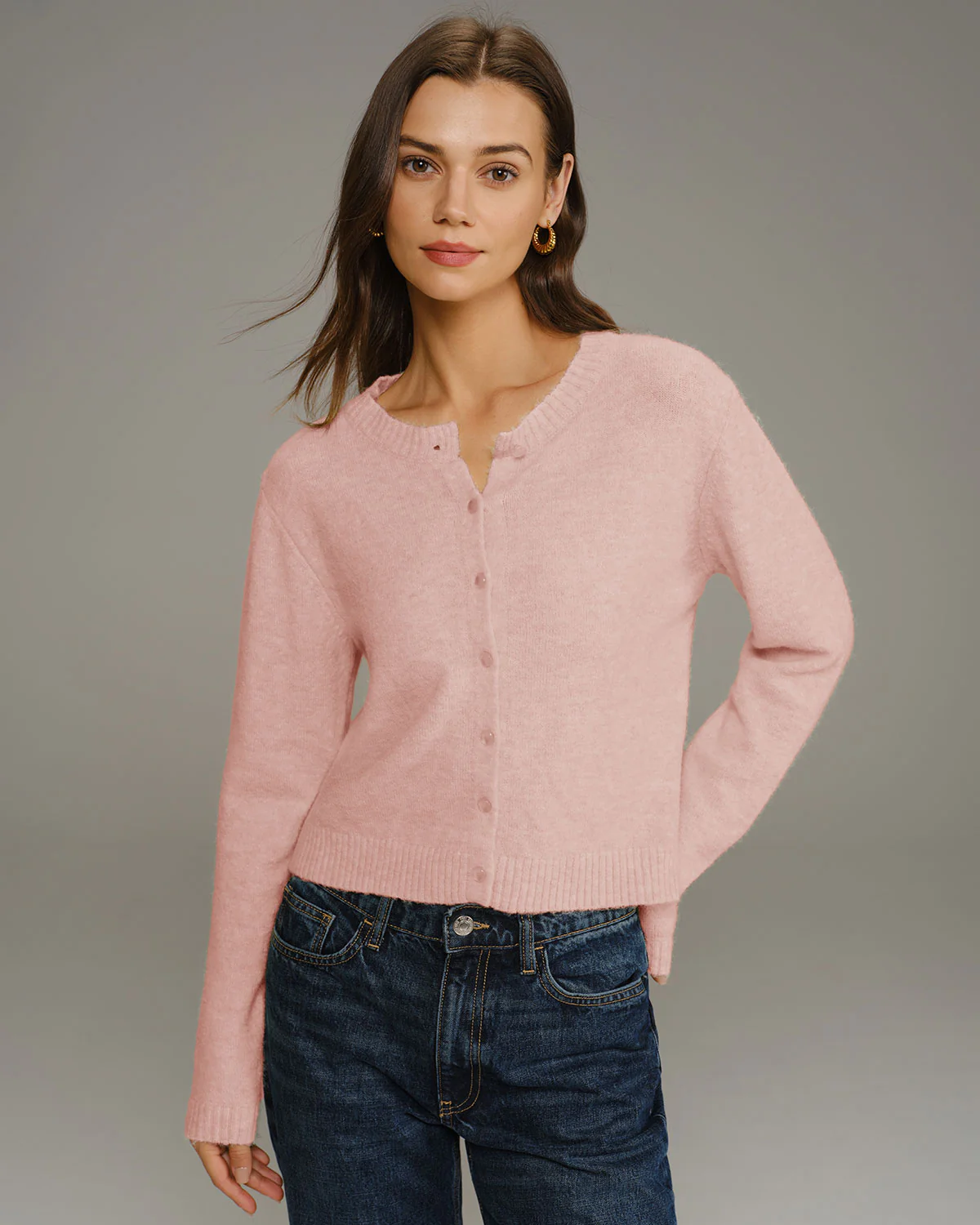Pink Round Neck Knit Cardigan