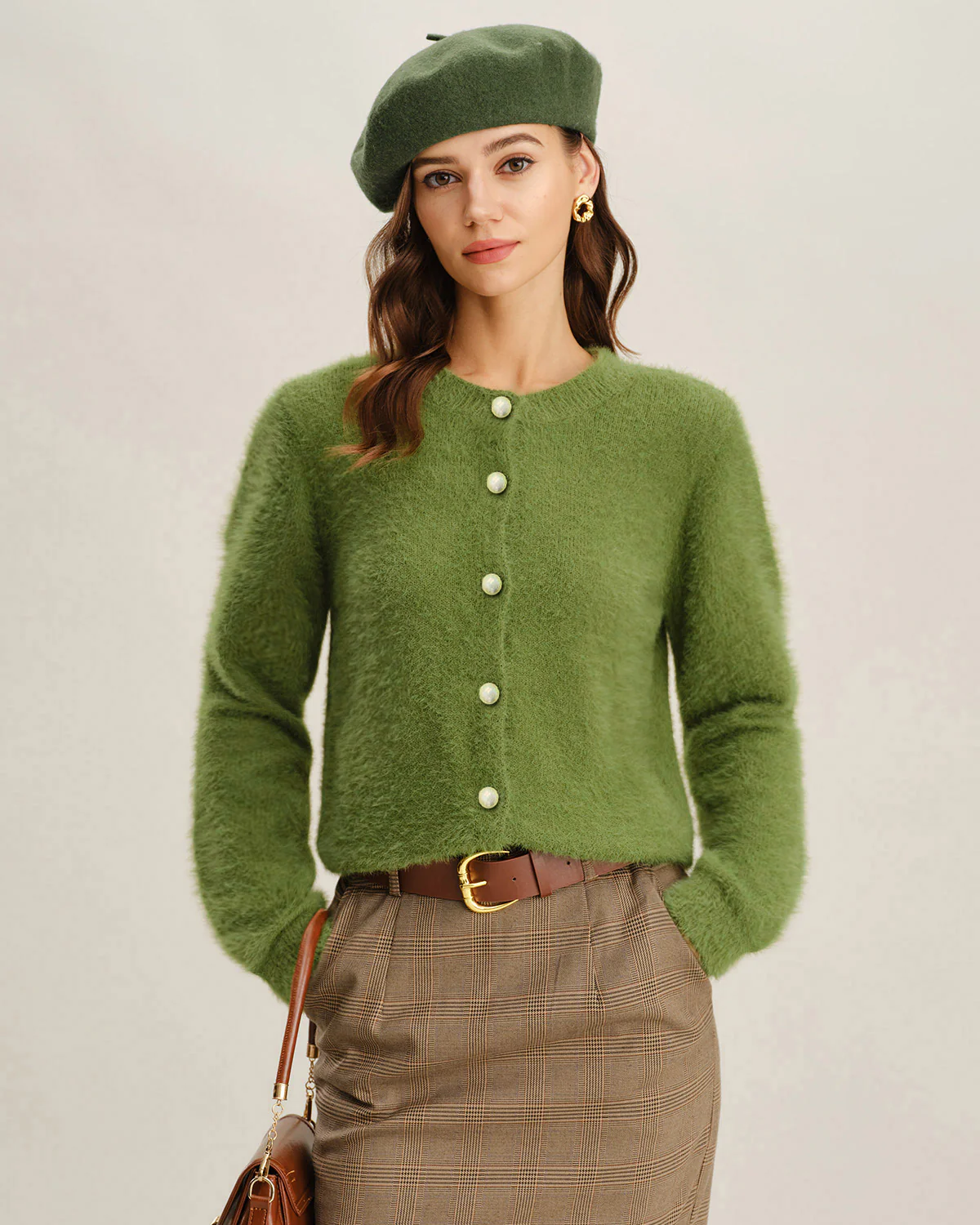 Green Round Neck Knit Cardigan