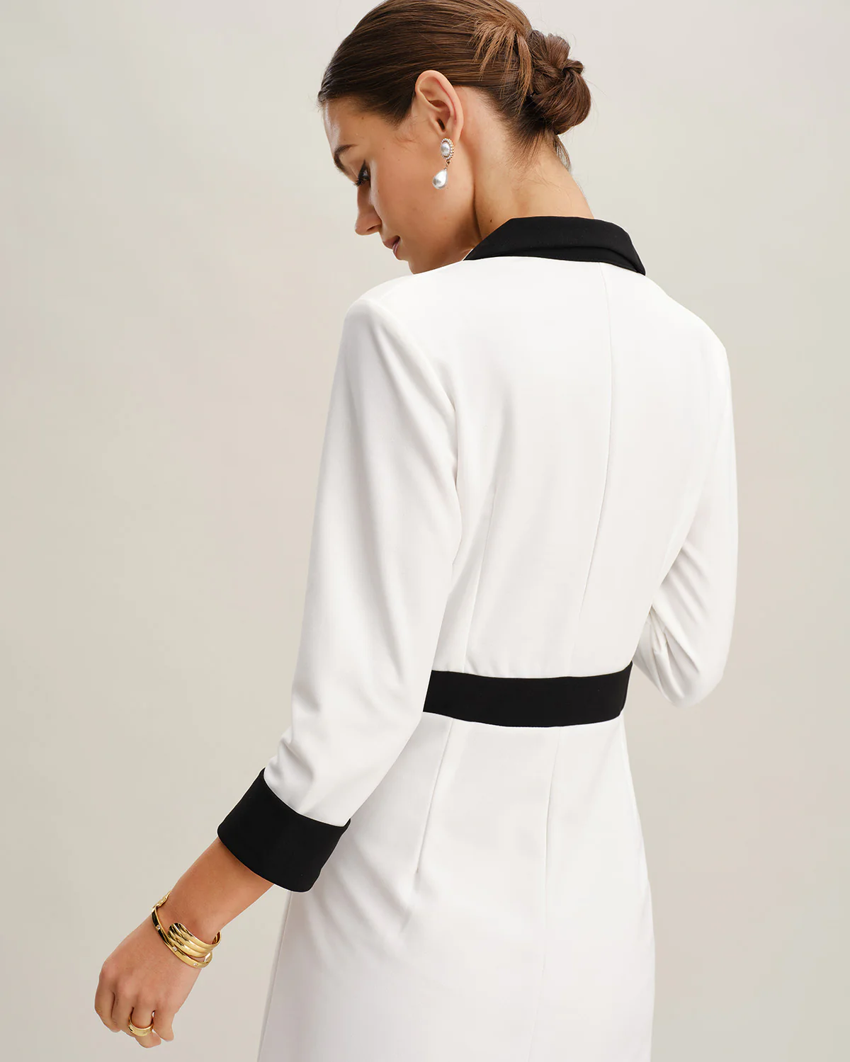 White Contrasting V Neck Button Midi Dress