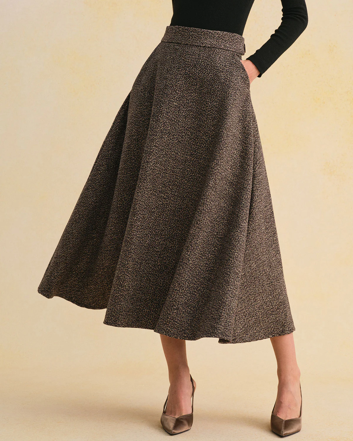 Grey A-Line Zipper Midi Skirt