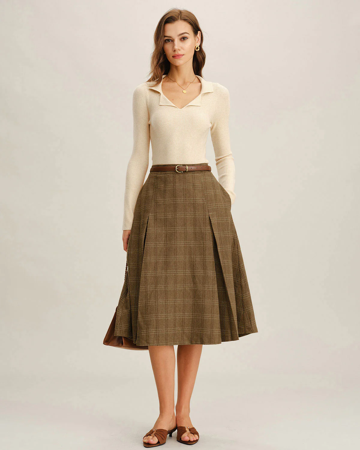 Brown Plaid A-Line Midi Skirt