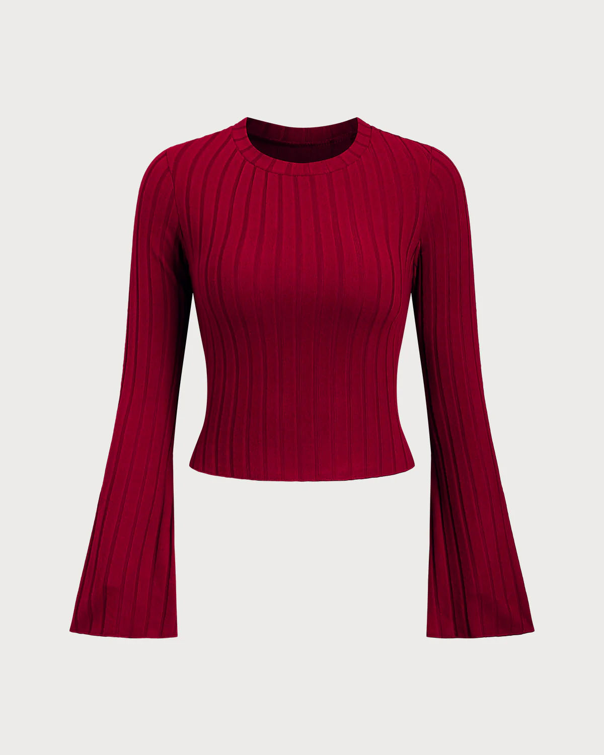 Wine Red Ribbed Knit Bell Sleeve Tee
