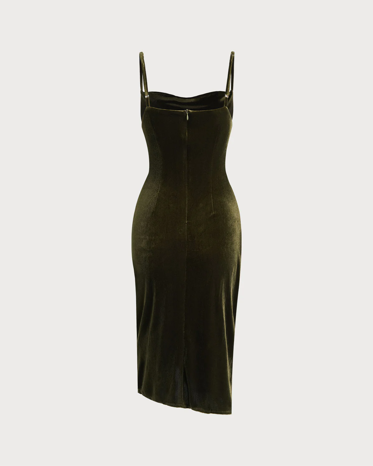Green Velour Ruched Slip Midi Dress